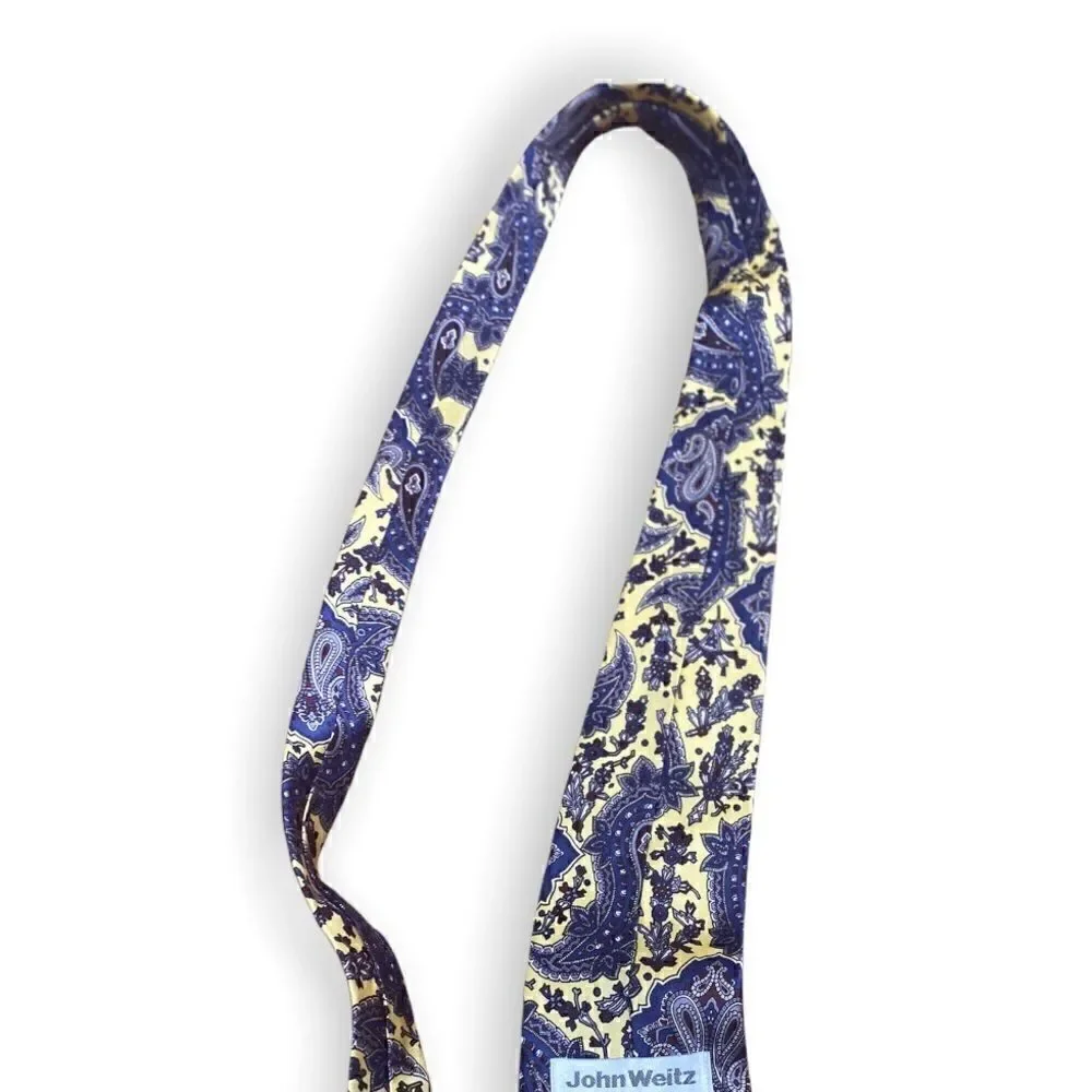 John Weitz 100% silk tie yellow with blue paisley pattern